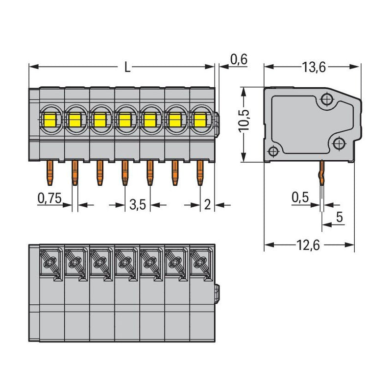 WAGO - Leiterplattenklemme 805-364 Drücker,1,5mm²,grau − 25 Stück