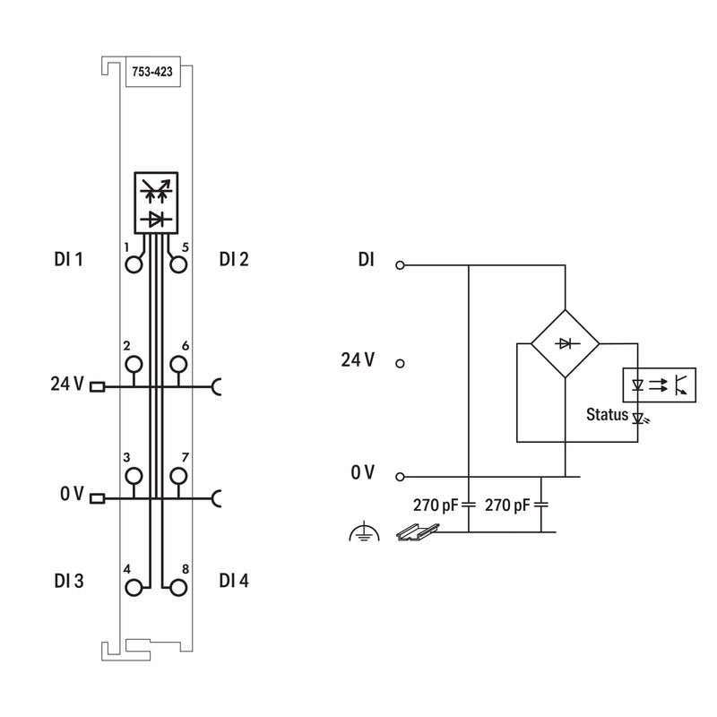 WAGO - Feldbus, Dez. Peripherie - Digitales Ein-/Ausgangs-Modul 4-Kanal-Digitaleingang 753-423 AC/DC 24 V,50 ms,lgr