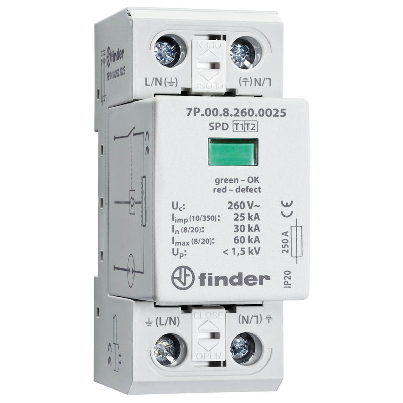 Finder - Kombi-Ableiter für Energietechnik Überspannungsableiter 7P.01.8.260.1025 Typ 1/2, TN-S/TT