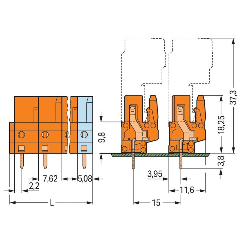 WAGO - Leiterplattensteckverbinder THT-Federleiste gerade 232-769/045-000 Maß 7,62mm,orange − 25 Stück