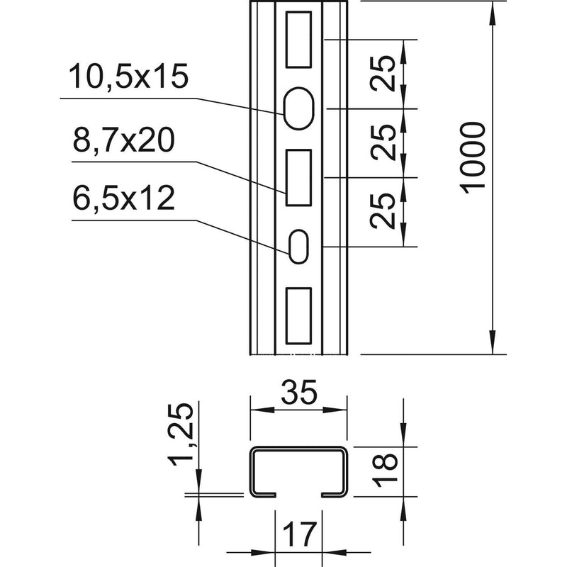 OBO Bettermann - Stiel/Profilschiene Profilschiene CML3518P1000A2 Schlitzweite 17mm