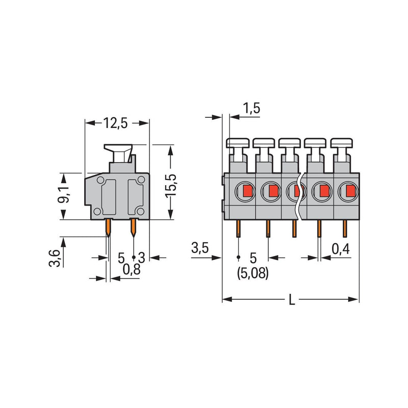 WAGO - Leiterplattenklemme 235-402/331-000 Drücker,1,5mm²,grau − 105 Stück
