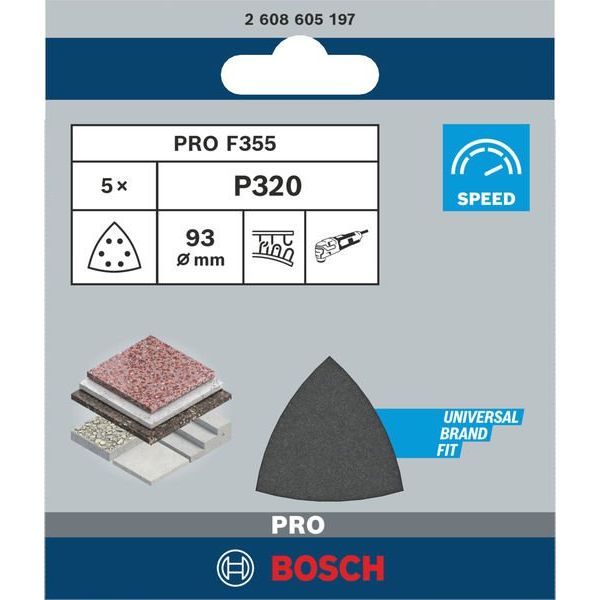 Bosch - Schleifpapier/Schleifvlies PRO F355 Schleifblatt, 93 2608605197 mm, G320, 5-tlg