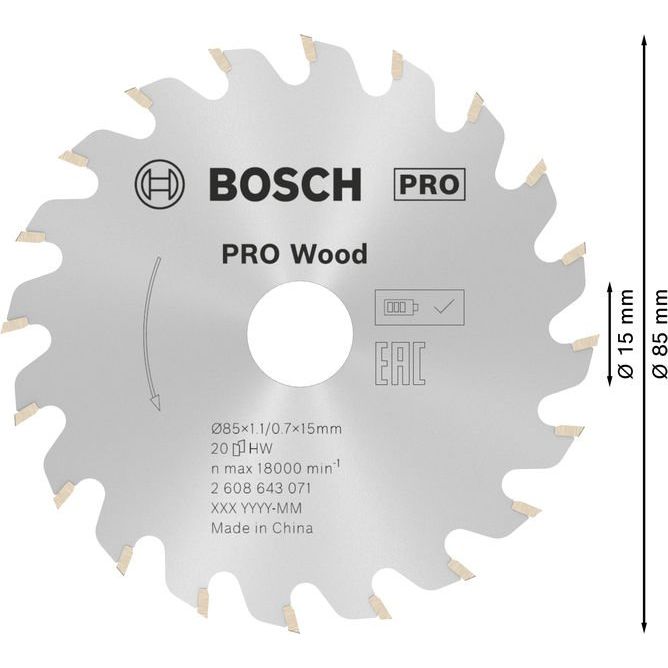 Bosch - Kreissägeblatt PRO Wood Kreissägeblatt, 2608643071 85 x 1.1 x 15 mm