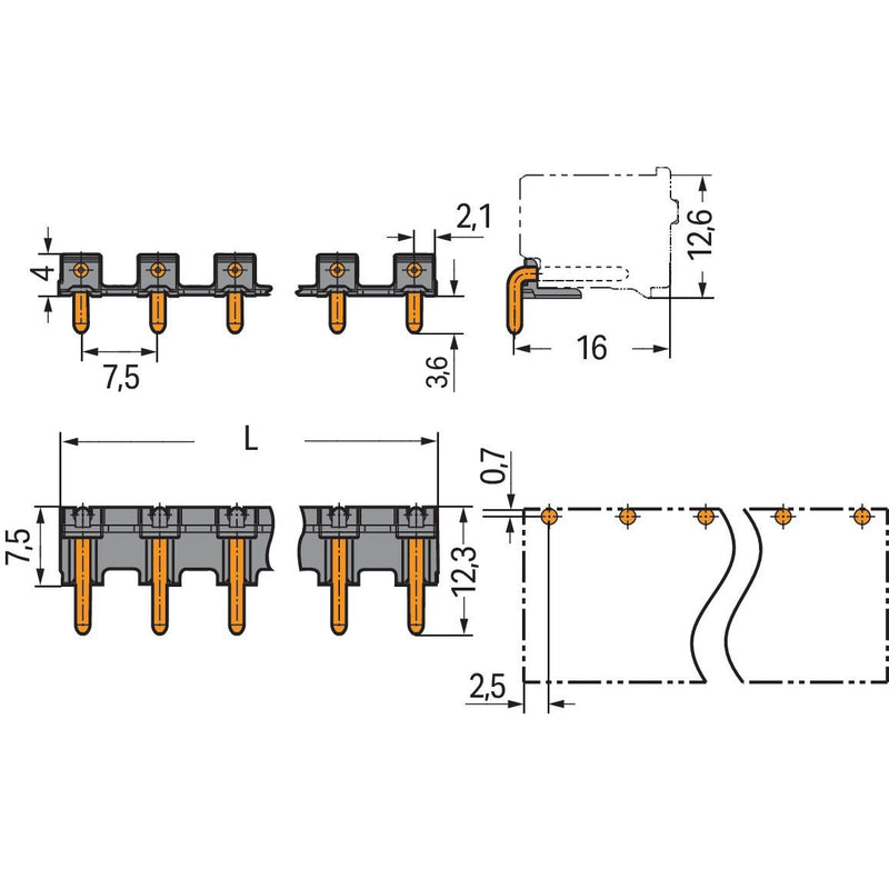 WAGO - Leiterplattensteckverbinder THT-Stiftleiste Lötstift 2092-3722 1,4mm,abgewinkelt,sw − 300 Stück