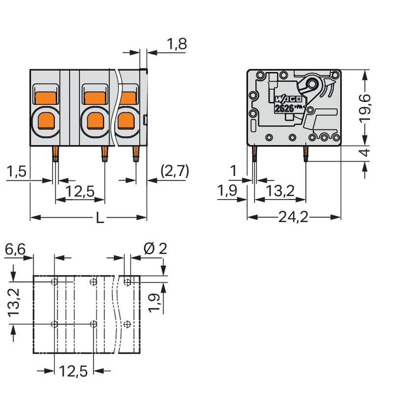 WAGO - Leiterplattenklemme Leiterplattenklemme,6 mm² 2626-1352/000-023 Maß12,5mm,grün − 100 Stück