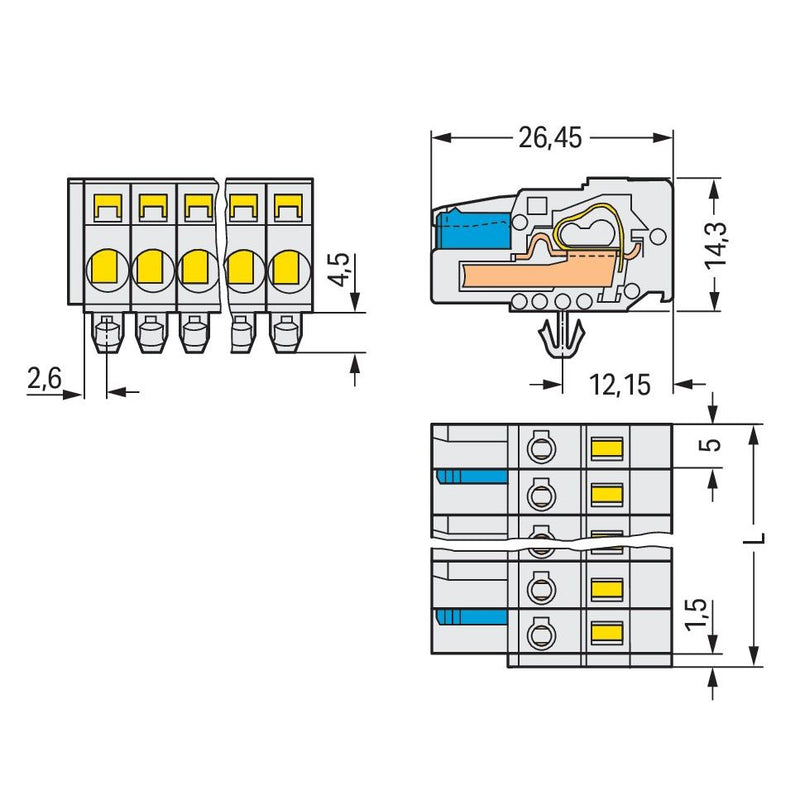 WAGO - Kabelsteckverbinder für Leiterplattensteckverbinder 1-Leiter-Federleiste 721-108/008-000/037- CAGECLAMP 2,5mm²,lgr − 50 Stück