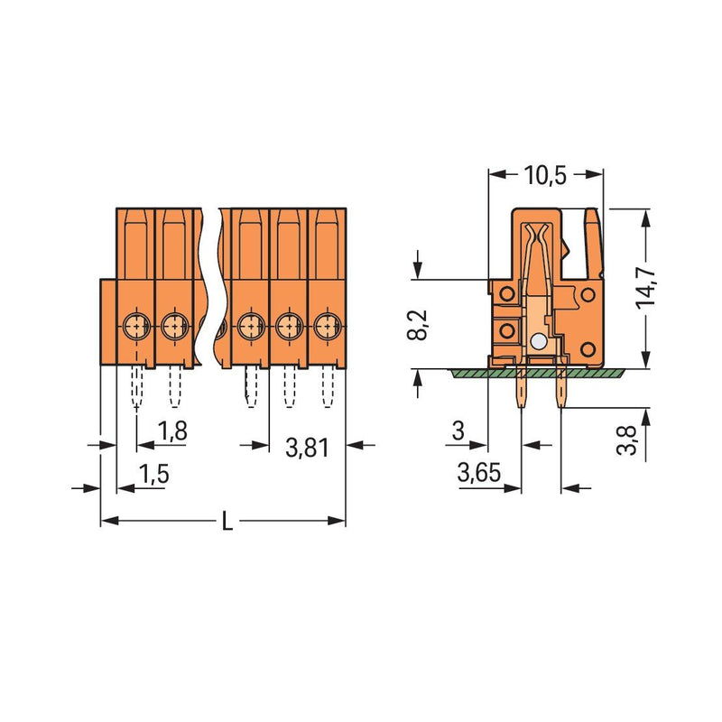 WAGO - Leiterplattensteckverbinder THT-Federleiste gerade 734-516 Maß 3,81mm,orange − 25 Stück