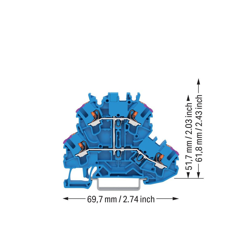 WAGO - Durchgangs-Reihenklemme Doppelstockklemme 2202-2209 Drücker,blau − 50 Stück
