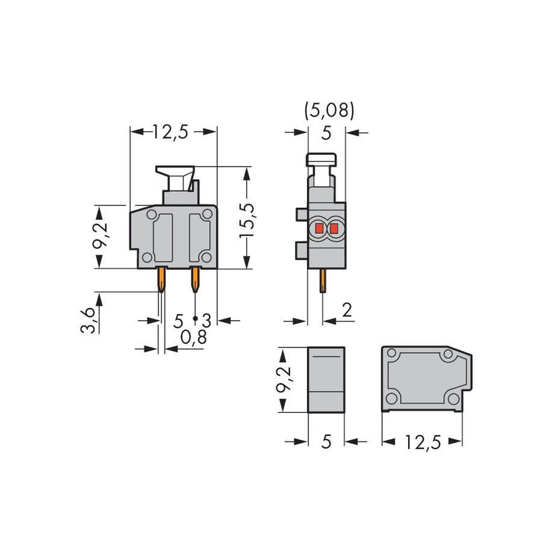 WAGO - Leiterplattenklemme 2LeiterLeiterplattenklemme 235-712/331-000 075 mm²dunkelgrau − 100 Stück