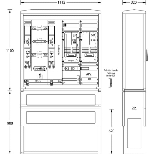 uesa - Zähler-Komplettschrank Zähleranschlußsäule WM-ZP-250A Mitnetz 1100x1115x320mm