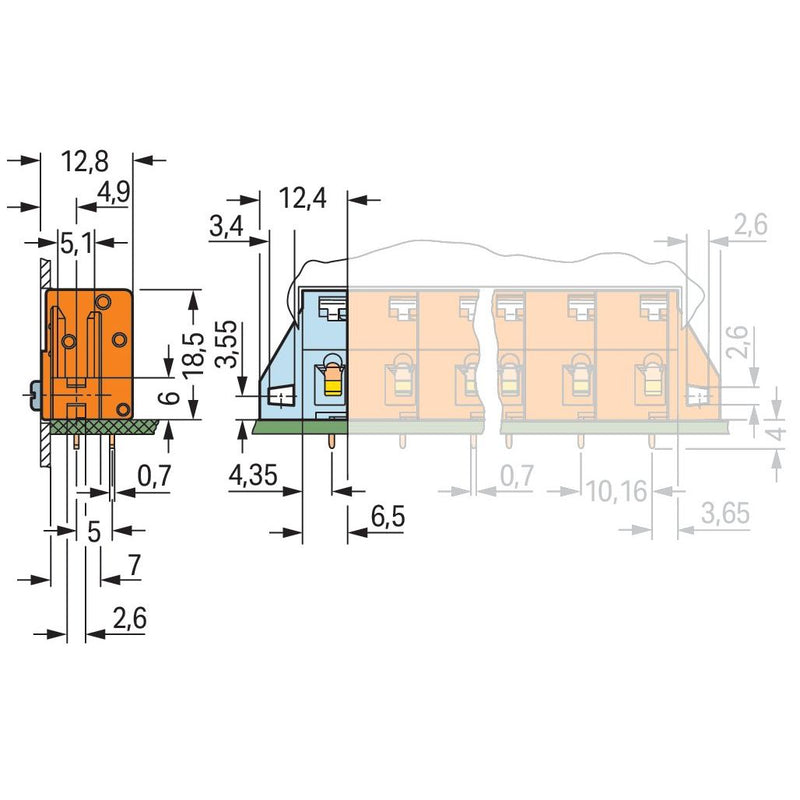 WAGO - Leiterplattenklemme Anreihbar.Leiterplattenkl. 741-915 Drücker,2,5mm²,or − 600 Stück