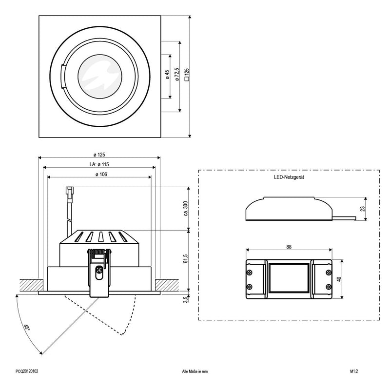 EVN Lichttechnik - Downlight/Strahler/Flutlicht P-LED Einbauleuchte PCQ 20120102 230V 12W 3000K