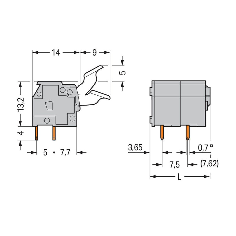 WAGO - Leiterplattenklemme 255-504/333-000 Drücker,2,5 mm²,grau − 35 Stück