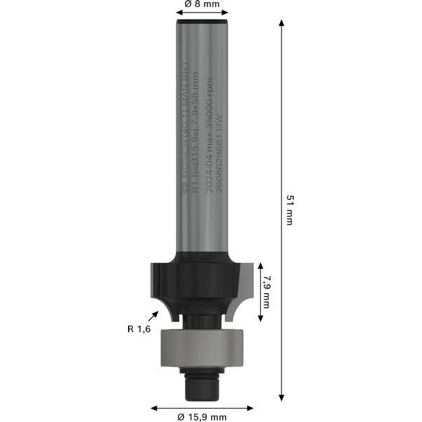 Bosch - Fräser PRO Abrundfräser, R 2608629681 1,6, Schaft 8 mm