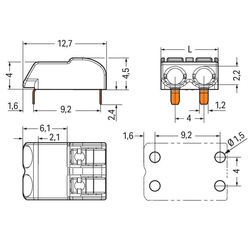 WAGO GmbH & Co. KG - Ein- und mehrpolige Klemmenleiste THR-Leiterplattenklemme 2060-1453/998-404 Drücker,0,75mm²,weiß − 4950 Stück