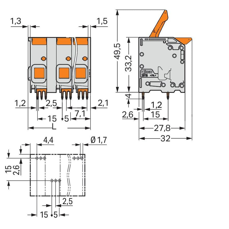 WAGO - Leiterplattenklemme 2616-1352/020-000 Hebel,16mm²,gr − 42 Stück