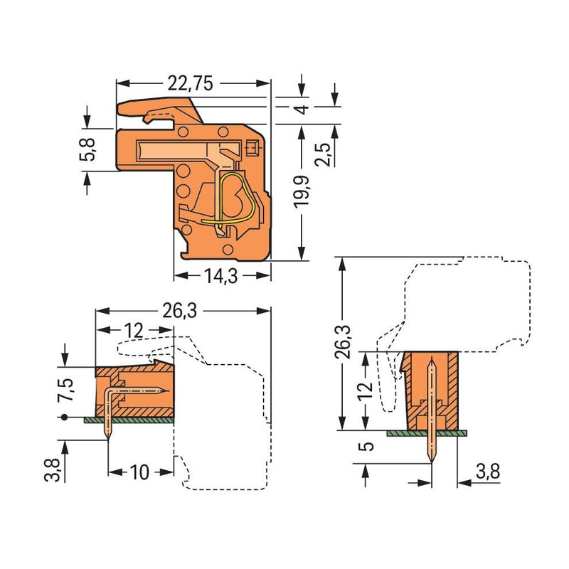 WAGO - Kabelsteckverbinder für Leiterplattensteckverbinder 1-Leiter Federleiste 732-123/026-000 CAGECLAMP 2,5mm²,or − 100 Stück
