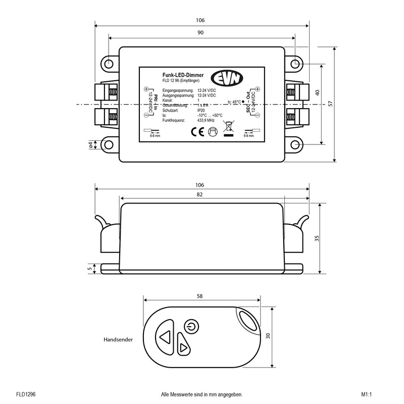 EVN Lichttechnik - Steuergerät für Leuchten LED-Funk-Dimmer-Set FLD 1296 12/24V DC IP20