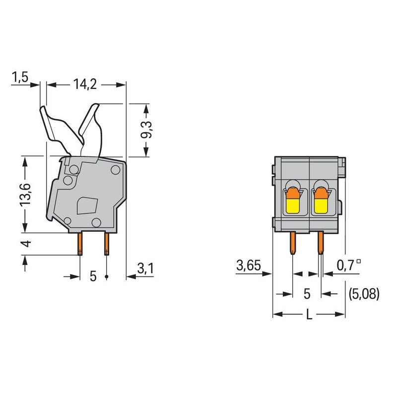 WAGO - Leiterplattenklemme 257-405/333-000 Drücker,2,5 mm²,grau − 45 Stück