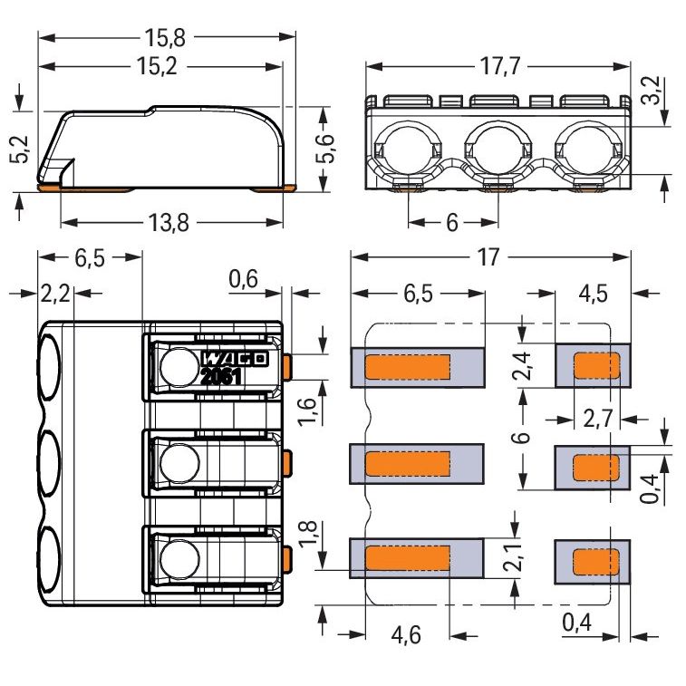 WAGO - Ein- und mehrpolige Klemmenleiste SMD-Leiterplattenklemme 2061-603/998-404 Drücker,1,5 mm²,weiß − 4050 Stück