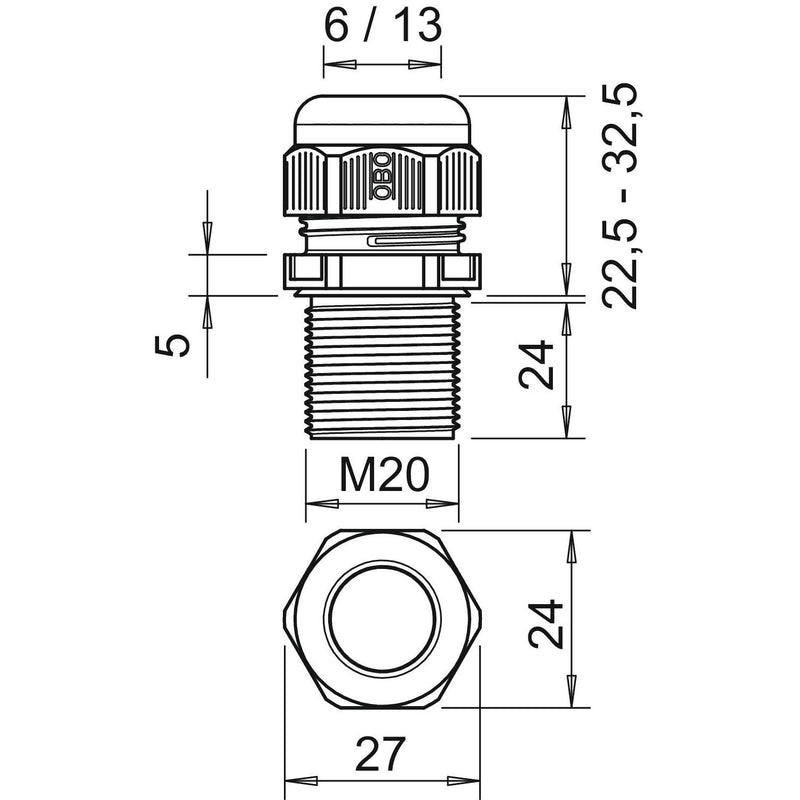 OBO Bettermann - Kabelverschraubung V-TEC VM LL20 SW 24mm, M20, PA − 50 Stück