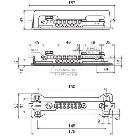 DEHN - Potentialausgleich-Schiene Potentialausgleichschiene PAS 9AK 7x2,5-16 Fl 30x3,5