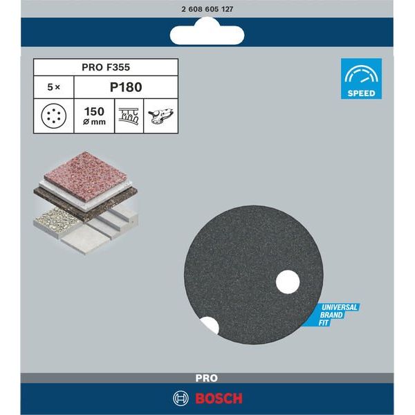 Bosch - Schleifpapier/Schleifvlies PRO F355 Schleifblatt, 150 2608605127 mm, G180, 5-tlg