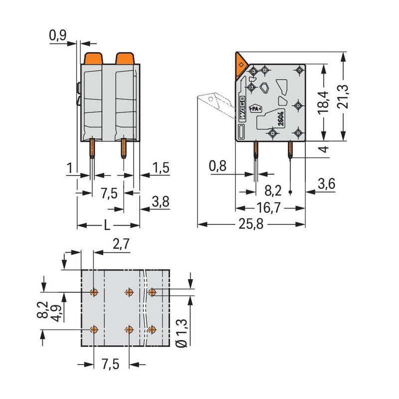 WAGO - Leiterplattenklemme Hebel 2604-3302 4mm²,grau − 150 Stück