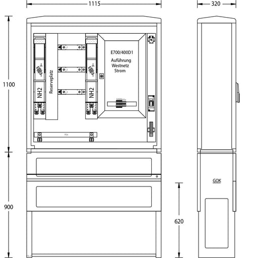 uesa - Zähler-Komplettschrank Wandlermessung WMZWS400A700/400D1 W 1100x1115x320mm