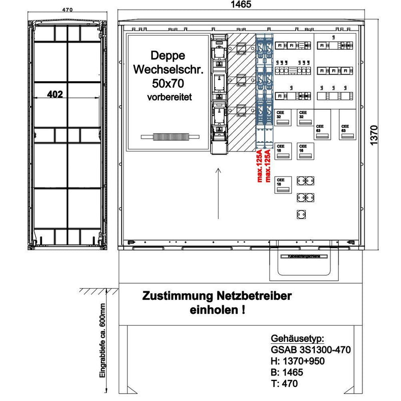 GSAB Elektrotechnik - Zähler-Komplettschrank Festplatzverteiler 43.W250FP2632323165S mit VNB-Wandlermess