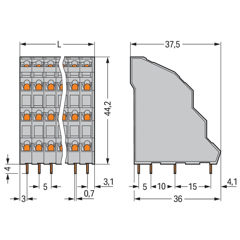 WAGO - Leiterplattenklemme Vierstock-Leiterplattenkl. 738-108 2,5mm² − 18 Stück