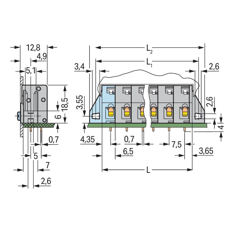 WAGO - Leiterplattenklemme 741-325 Drücker,2,5 mm²,grau − 20 Stück