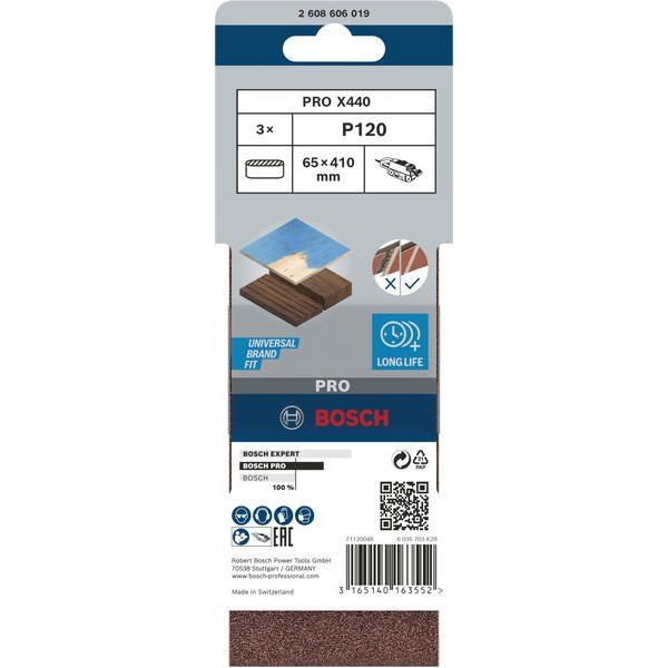 Bosch - Schleifpapier/Schleifvlies PRO X440 Schleifband, 65 x 2608606019 410 mm, G120, 3-tlg