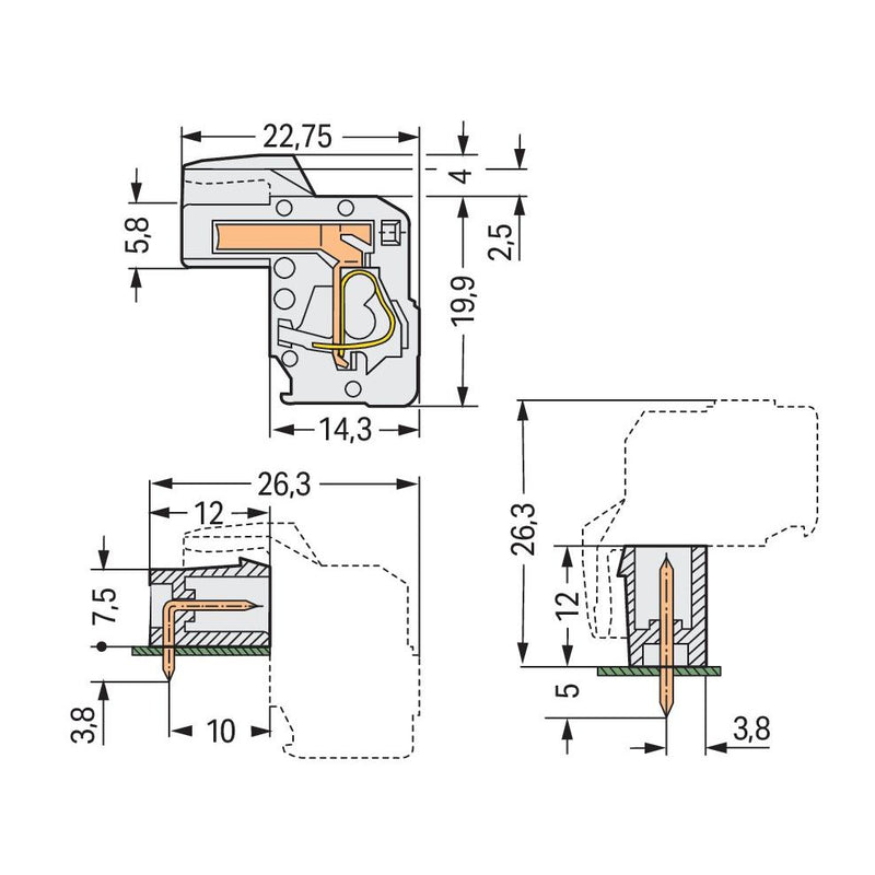 WAGO - Kabelsteckverbinder für Leiterplattensteckverbinder 1-Leiter Federleiste 722-105/026-000 CAGECLAMP 2,5mm²,lgr − 100 Stück