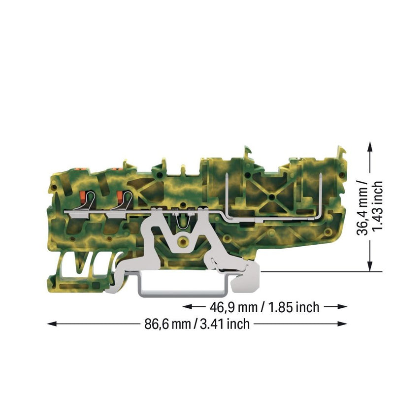 WAGO - Schutzleiter-Reihenklemme 2-Leiter/2-Pin-PE-Basiskle 2222-1407/999-953 Drücker,2,5mm²,gnge − 50 Stück