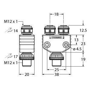 Turck - Passiver Sensor-/Aktor-Verteiler (mit Leitung) Y-Verterteiler o. Leitung VB2FSM4.42FKM4.4S381 Stecker-2xKupplung  − 1 Stück
