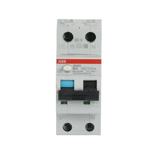 ABB Stotz S&J - Kombination FI-Schalter/Leitungsschutzschalter FI/LS-Schalter DS201A-B16/0,1 6kA, 1P+N, 30mA