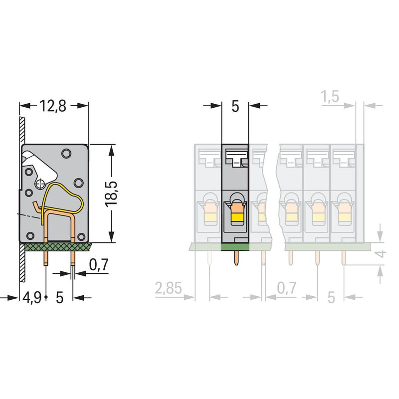 WAGO - Leiterplattenklemme Anreihbare Leiterplattenk. 741-901 Drücker,2,5mm²,gr − 100 Stück