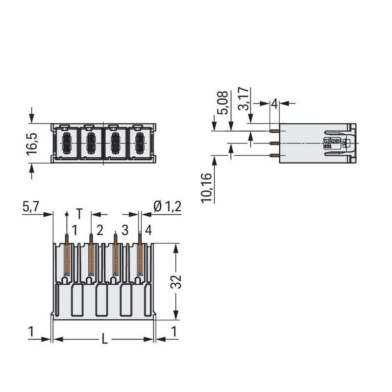 WAGO GmbH & Co. KG - Leiterplattensteckverbinder THT-Stiftleiste Lötstift 832-3602 1,2x1,2,gerade,lgr − 60 Stück