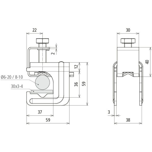 DEHN - Verbinder für Blitzschutz Druckbügelklemme VK DB KR #308033 D6-20mmo.Fl 30x3-4mm − 25 Stück