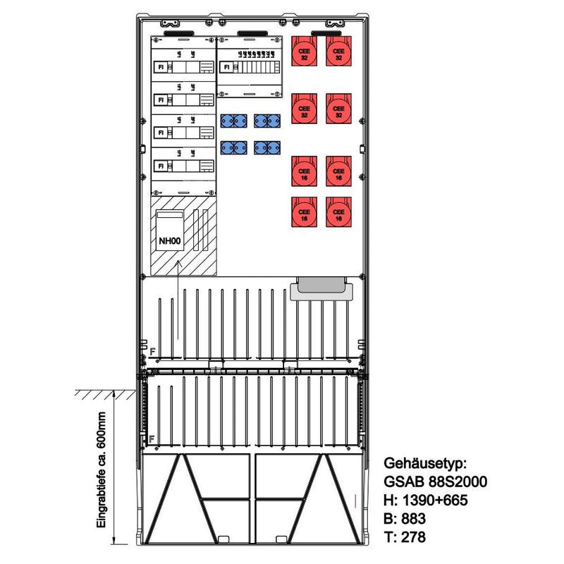 GSAB Elektrotechnik - Anschlussschrank Festplatzverteiler 88S20FP4324168S HxBxT:1390x883x280