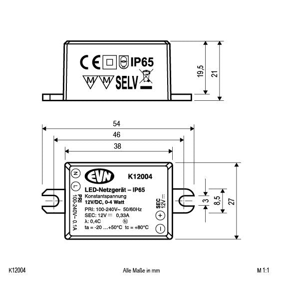 EVN Lichttechnik - LED-Betriebsgerät LED-Netzgerät K 12004 12VDC 0,1-4W IP65