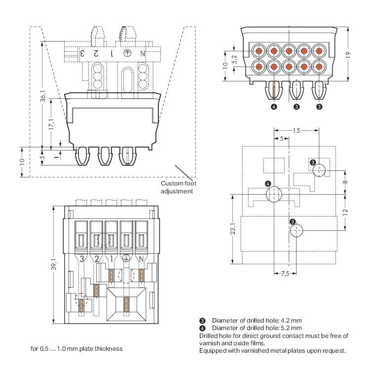 WAGO - Steckverbinder für steckbare Gebäudeinstallation Leitungshalter m.PE-Direkt 267-303 mit Rastfüßen,weiß − 50 Stück