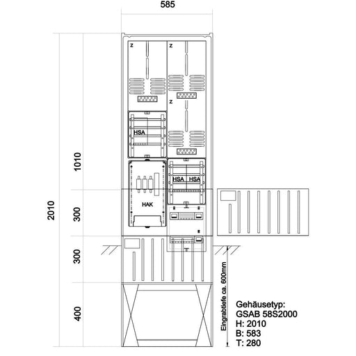 GSAB Elektrotechnik - Zähler-Komplettschrank Zähleranschlusssäule 48.00.1P31HSA HSE/HEAG 3Z-o.TSG