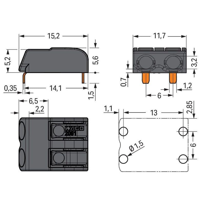 WAGO - Ein- und mehrpolige Klemmenleiste THR-Leiterplattenklemme 2061-1662/998-404 Drücker,1,5mm²,sw − 4320 Stück