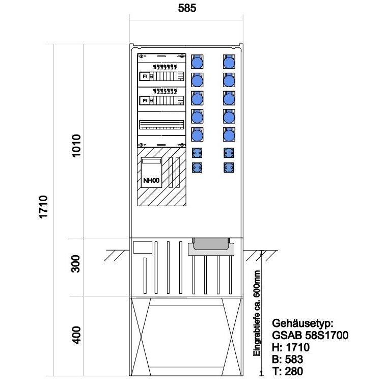 GSAB Elektrotechnik - Anschlussschrank Festplatzverteiler 58S17FP10CE164S HxBxT:1710x585x280
