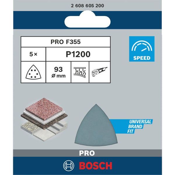 Bosch - Schleifpapier/Schleifvlies PRO F355 Schleifblatt, 93 2608605200 mm, G1200, 5-tlg