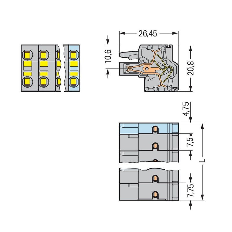 WAGO - Kabelsteckverbinder für Leiterplattensteckverbinder 2-Leiter-Federleiste 231-2209/026-000 CAGECLAMP,2,5mm²,gr − 25 Stück