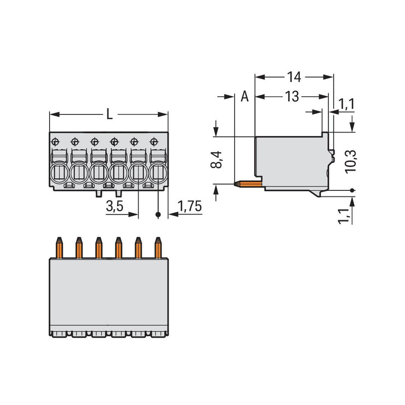 WAGO - Leiterplattensteckverbinder 1-Leiter-THT-Federleiste 2091-1175 CAGE CLAMP,lichtgrau − 200 Stück